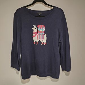 Talbots Llama Crewneck Sweater Navy Preppy Embroidered XL Womens Pom Pom Tassle